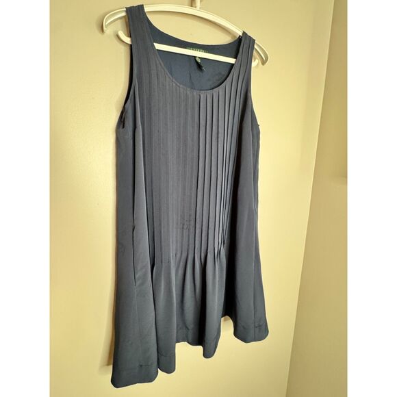 Lauren Ralph Lauren Blue Pleated Shift Dress Size 10 Sleeveless Classic Chic - Picture 5 of 6